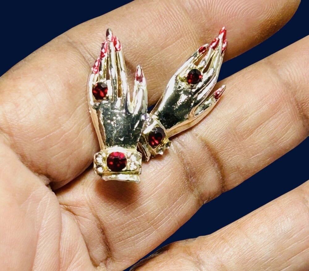 Vintage Lady Hand Earrings Screw Back Silver Tone Red Nails Rhinestones